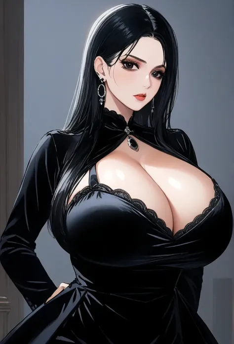 an  woman with the bearing of a madame in a velvet dress , with black eyes ,Gothic,big breasts , earrings , sharp jawline 