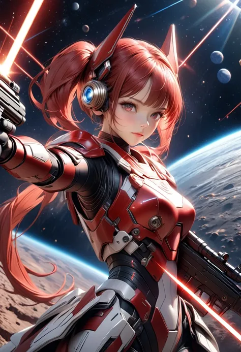 elegant female robot soldier, shooting laser rifle, outer space background, beautiful detailed face, red twintail hairstyle, stylish red and white body armor, futuristic headgear, vernier nozzle on waist, aiming laser rifle in dynamic pose, cosmic moonscap...