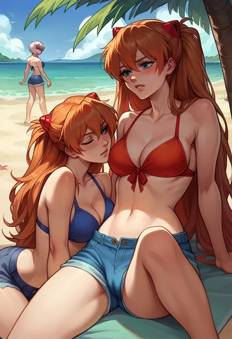 score_9, score_8_up, score_8_up, source_anime, sequence, comic, 8-panel, 2girls, Asuka Langley Soryu, Rei Ayanami, yuri, girlfriends, lovers, hair ornament, flowing hair, cleavage, bikini top, shorts, beach, outdoors, innocent face, blush, cameltoe.