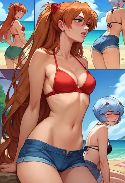 score_9, score_8_up, score_8_up, source_anime, sequence, comic, 8-panel, 2girls, Asuka Langley Soryu, Rei Ayanami, yuri, girlfriends, lovers, hair ornament, flowing hair, cleavage, bikini top, shorts, beach, outdoors, innocent face, blush, cameltoe.