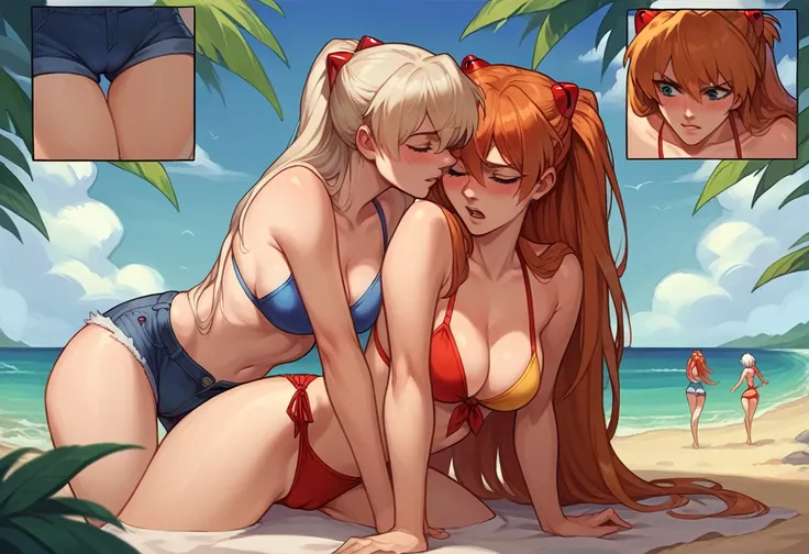 score_9, score_8_up, score_8_up, source_anime, sequence, comic, 8-panel, 2girls, Asuka Langley Soryu, Rei Ayanami, yuri, girlfriends, lovers, hair ornament, flowing hair, cleavage, bikini top, shorts, beach, outdoors, innocent face, blush, cameltoe.