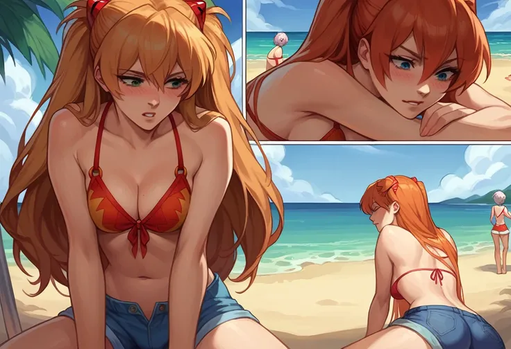 score_9, score_8_up, score_8_up, source_anime, sequence, comic, 8-panel, 2girls, Asuka Langley Soryu, Rei Ayanami, yuri, girlfriends, lovers, hair ornament, flowing hair, cleavage, bikini top, shorts, beach, outdoors, innocent face, blush, cameltoe.