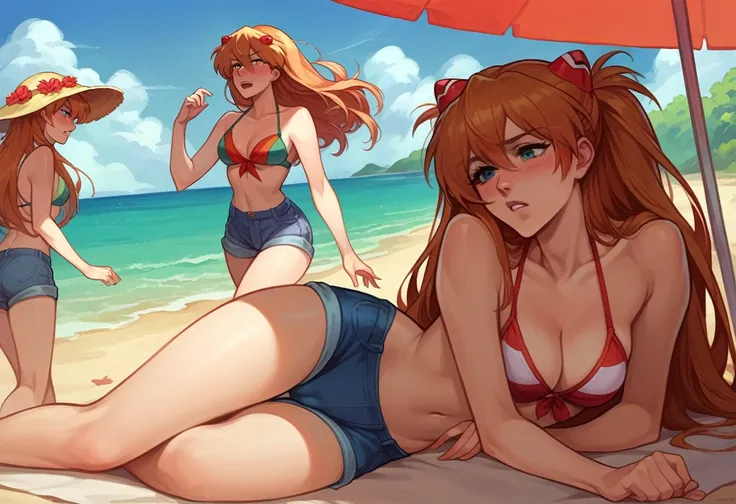 score_9, score_8_up, score_8_up, source_anime, sequence, comic, 8-panel, 2girls, Asuka Langley Soryu, Rei Ayanami, yuri, girlfriends, lovers, hair ornament, flowing hair, cleavage, bikini top, shorts, beach, outdoors, innocent face, blush, cameltoe.