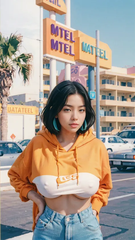 8K, 1girl, UHD,beautiful, black bob hairstlye, ((orange oversize hoodie)), oversize_shirt, sweatpants, Evening light,，Taking a walk，purple slacks, look at viewer, (((80s architecture colorful motel))) ,perfect beautiful face,perfect nose,perfect eyes, perf...