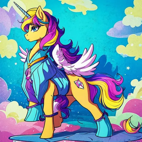 Draw a character in the style of My Little Pony so that he stands sideways and has a beautiful mane, I want him to be Pegasus 