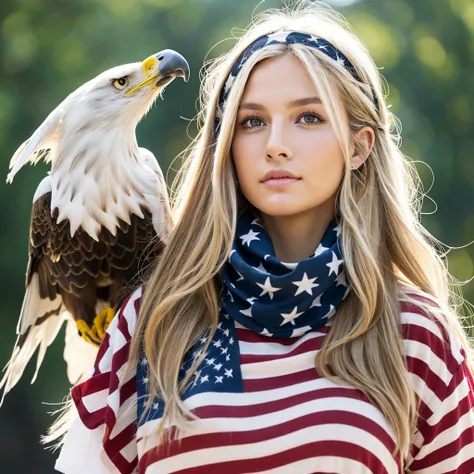 muka: Striking traits, with penetrating, light-colored eyes, like an eagle.hairs: Blondes or light browns, short and casual, remembering freedom and strength.Accessories: Maybe a bandana or Americana-inspired accessories, like stars or stripes.