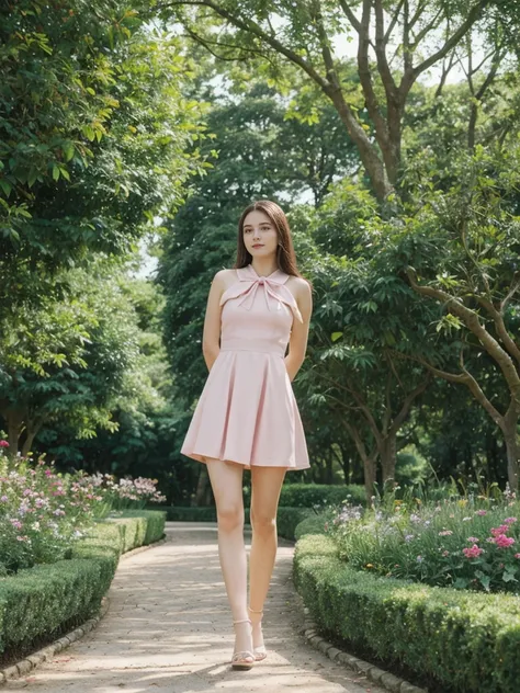 her name is Elle, high quality, 1girl, ((20-year-old fit Caucasian woman)), ((20 years old)), ((fit)), ((pale skin)), short length straight dark hair , wearing Pastel Pink Tie-Front Cutout Dress, pose: standing, background: Describe the tranquil setting of...