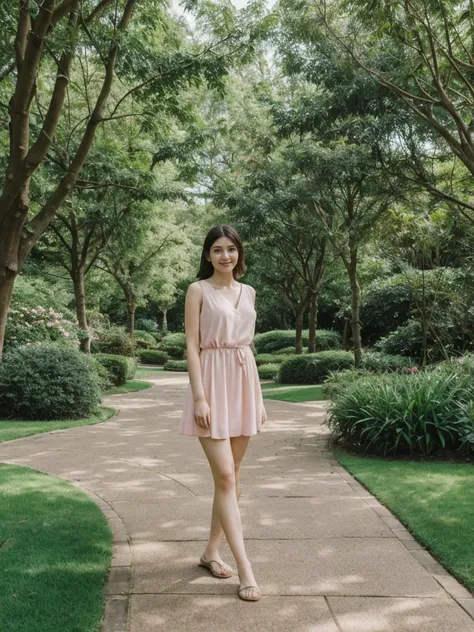 her name is Elle, high quality, 1girl, ((20-year-old fit Caucasian woman)), ((20 years old)), ((fit)), ((pale skin)), short length straight dark hair , wearing Pastel Pink Tie-Front Cutout Dress, pose: standing, background: Describe the tranquil setting of...