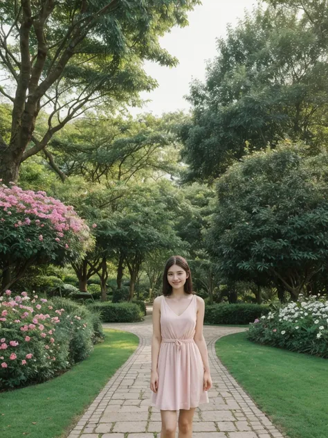 her name is Elle, high quality, 1girl, ((20-year-old fit Caucasian woman)), ((20 years old)), ((fit)), ((pale skin)), short length straight dark hair , wearing Pastel Pink Tie-Front Cutout Dress, pose: standing, background: Describe the tranquil setting of...