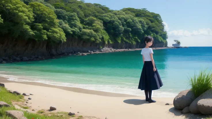 (masterpiece),  The sea seen from the town,  blue sky, summer, A girl in the distance,  smile,  alone,  Sailor suit、Long skirt,  Overgrown,  petal,  plant、Skirt lining、Translucent slip、nostalgic、Black Pantyhose