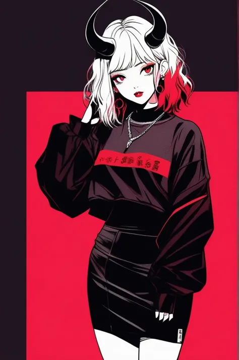 (best quality, sketch:1.2),realistic,illustrator,anime,1 girl with horns, detailed lips,custom, short skirt, black and red gradient background,neon hair,textured cropping, masterpiece, style retro classic, noir style , Japanese style, full body ((monochrom...