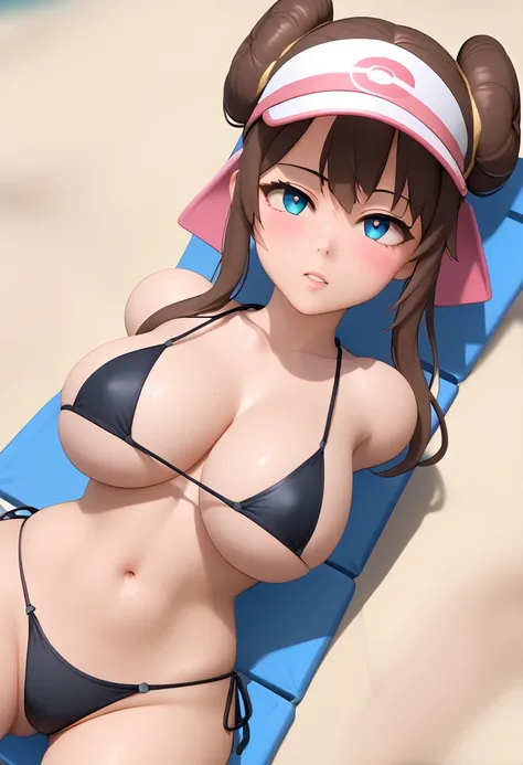 (best quality, masterpiece1.2), 1girl,, 3d, 3d render, blush, woman, sexy, detailed, extreme detail, perfect lighting, 4k, vivid colors,lying on beach chair,beach chair,chair, beach, black bikini, wide hips, big breasts BREAK anime style, source anime,1gir...