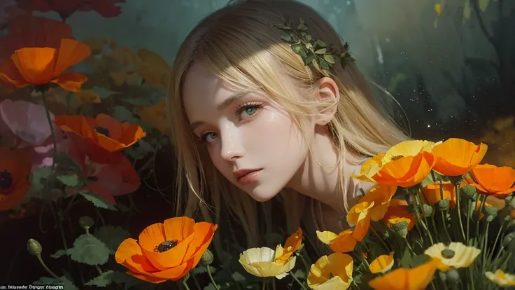 32k, Masterpiece, Highest quality, One girl, Detailed eyes, flower,Iceland Poppy, Orange and yellow style,A dreamy, romantic piece,Pale yellow, Mysterious Leaves,A playful arrangement,Fantasy,High Contrast,Ink strokes,explosion,Exposure, Impression of oran...