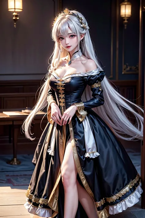 (Image above the chest)((masterpiece:1.5,Highest quality,Highly detailed images,Beautiful images、Realistic、Photorealistic、2.5D))(1girl, 独奏)(Adult women、large breasts, white hair, beautiful eyes、Beautiful cleavage)(Fantasy dresses、Fantasy Clothes、Black batt...