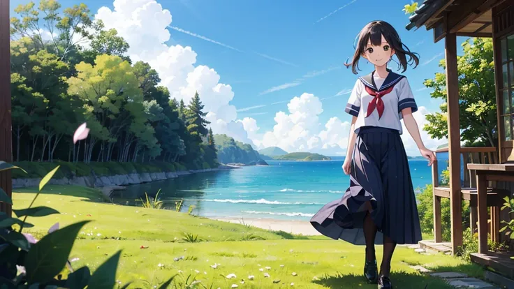 (masterpiece),  The sea seen from the town,  blue sky, summer, A girl in the distance,  smile,  alone,  Sailor suit、Long skirt,  Overgrown,  petal,  plant、Skirt lining、Translucent slip、nostalgic、Black Pantyhose