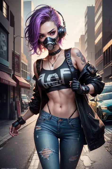  Incredibly beautiful citypunk, beautiful  face, white stained t-shirt, colorful stained short jeans, headphone colorido, punk ink, wearing a gas mask, colorful Graphite style, Digital illustration, Sharp lines, sharp focus, illustrative style, comic style...