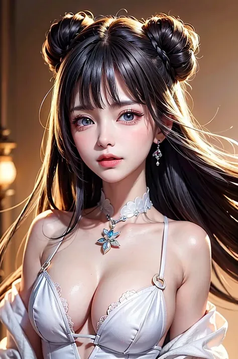 (Close-up image)((masterpiece:1.5,Highest quality,Highly detailed images,Beautiful images、Realistic、Photorealistic、2.5D))(1girl, 独奏,)(Adult women、medium beautiful breasts, white hair, Arrange Hair、 beautiful eyes、Beautiful cleavage)(cleavage_cutout, silk, ...