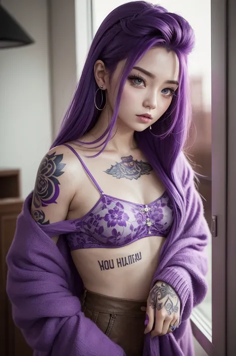 Photo film characters amusingly , tattooed purple hair 