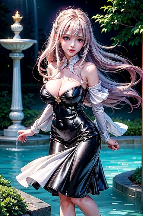 (Image above the chest)((masterpiece:1.5,Highest quality,Highly detailed images,Beautiful images、Realistic、Photorealistic、2.5D))(1girl, 独奏,)(Adult women、large breasts, white hair, beautiful eyes、Beautiful cleavage)(Off-the-shoulder dress、black dress:1.5, D...