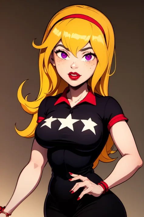 yellow hair, black dress, freckles, lipstick, big boobs, purple eyes, Lucy Mann, big ass, seductive pose, solo, tight outfit, masterpiece, high quality, humanoid, ultra 4k, black polo, red collar, red cuffs, white star shirt design