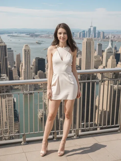 her name is Elle, high quality, 1girl, ((20-year-old fit Caucasian woman)), ((20 years old)), ((fit)), ((pale skin)), short length straight dark hair , wearing Pastel Pink Tie-Front Cutout Dress, pose: standing, background: Capture the breathtaking views f...