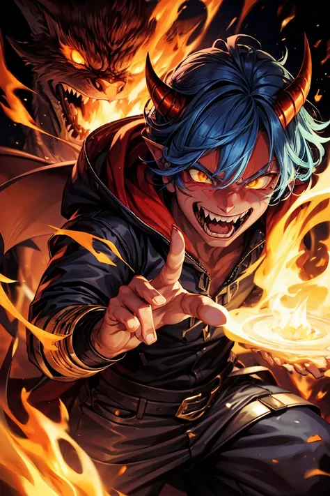 Demon race man, reddish skin, gold eyes, cat eyes, white horns, teeth and fangs. Fire behind him, ((IT IS BLUE)) SHOW HIS HANDS!