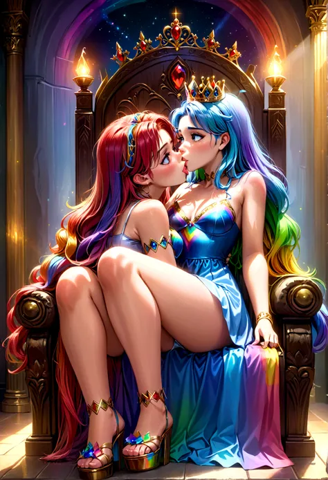 a 25 year old woman with rainbow hair and crown, wearing an intricate regal rainbow dress, sitting on a throne, with rainbows and kissing men painted on the wall behind her, detailed portrait, highly detailed, 4k, photorealistic, masterpiece, ultra-detaile...