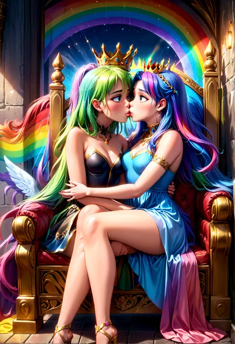 a 25 year old woman with rainbow hair and crown, wearing an intricate regal rainbow dress, sitting on a throne, with rainbows and kissing men painted on the wall behind her, detailed portrait, highly detailed, 4k, photorealistic, masterpiece, ultra-detaile...