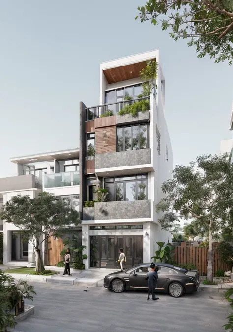 townhouse in city, (sharp focus) front view of townhouse in style of modern, vietnamese architecture, east asian architecture, t...