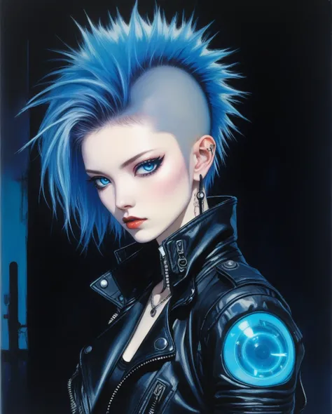 amano yoshitaka, one female futuristic punk rocker, co-owner of stellar travelers named luna,pale skin color,wild haircut,jet bl...