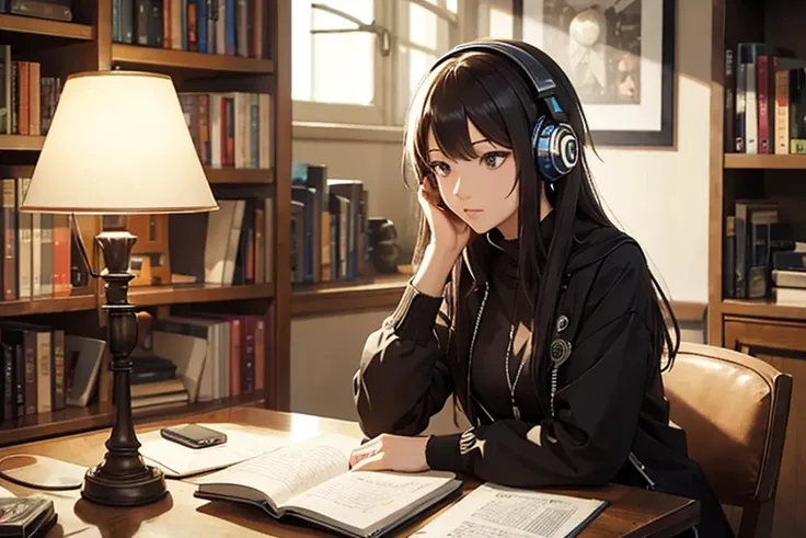 A woman sitting at a table with headphones on her ears and a lamp-lit bookshelf in the background, artist, continuous art, Computer Graphics, art station