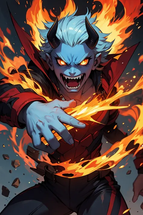 Demon race man, reddish skin, gold eyes, cat eyes, white horns, teeth and fangs. Fire behind him, ((His skin tone is blue)) SHOW HIS HANDS!