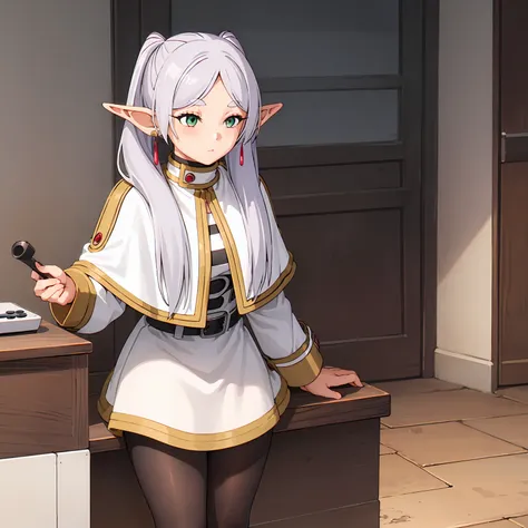 1girl, twintails, very long hair, silver hair, pointy ears, elf, white capelet, green eyes, black pantyhose, earrings, white skirt, belt, white sleeves, (playing videogame:1.2)