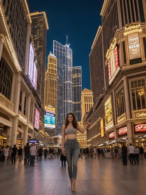 her name is Elle, high quality, 1girl, ((20-year-old fit Caucasian woman)), ((20 years old)), ((fit)), ((pale skin)), short length straight dark hair , wearing Grey Halter Neck Crop Top + High-Waisted Wide-Leg Jeans, pose: standing, background: Capture the...