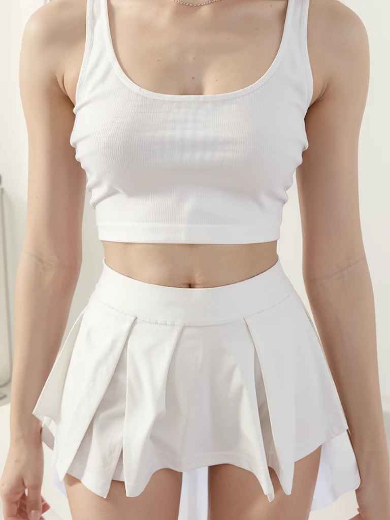 araffe woman in a white skirt and a white tank top, wearing white skirt, wearing a tanktop and skirt, wearing skirt, short skirt, white miniskirt, white skirt and barechest, white skirt, miniskirt, mini skirt, wearing honey - themed miniskirt, middle shot ...