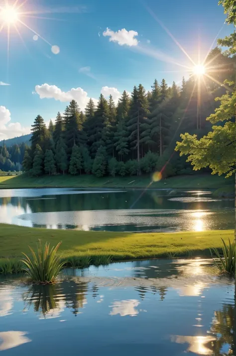 Image: Sun shining over a lake, with much water droplets rising.