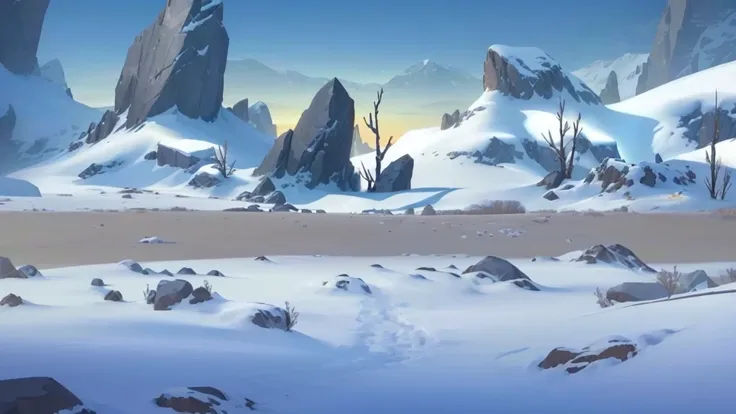 Snowy landscape with rocks and trees in the middle of the desert, Frozen tundra background, 岩石environment, snow wasteland, Snowfield, 雪景environment, 2D Game Art Background, background technologywork, odins stone Arena Background, Snow background, Random ba...