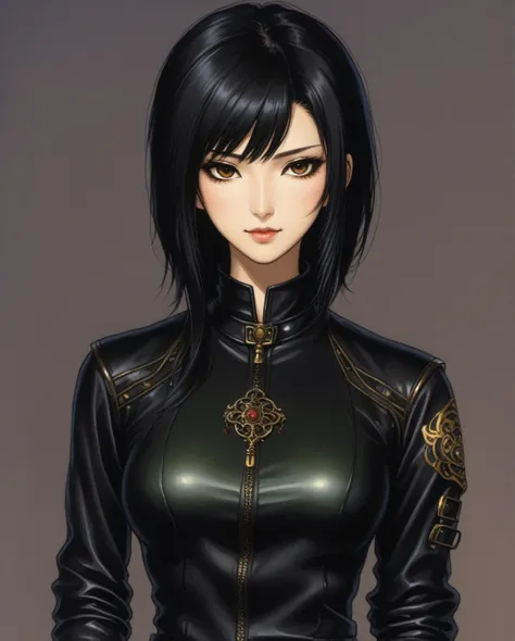 amano yoshitaka, one Female Master hacker named Warda, ,Olive skin color, Gothic style black hair,Brown eyes,with Black leather jumpsuit, a very attractive body