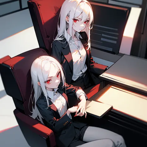 Black blazer, white buttoned blouse, black pants. A dimly lit office. Serious expression sitting in an office chair. White hair, red eyes, slim and pale skin. Red eyes and pale skin. Beautiful illustration, anime style. 