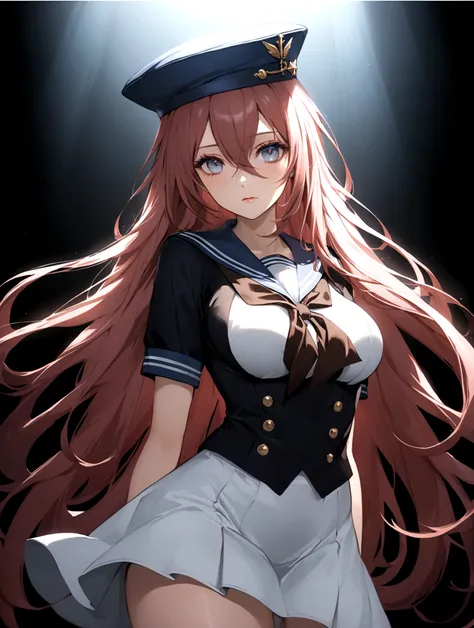 A woman in a sailor costume，手里拿着hat，1 girl，breast，Hair between the eyes，hat，Long hair，Looking at the audience，mole，solo