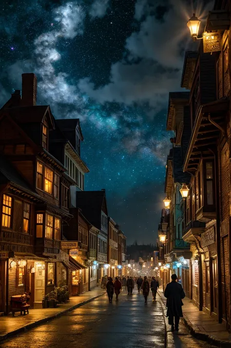 Town street scene , ultra detailed fantasy, magical world,galaxy design sky, old medical houses in the street,wizards roaming on the street, wizards using magics like controling fire in their hands and warter  ,  realistic, behance hd, light spread from th...