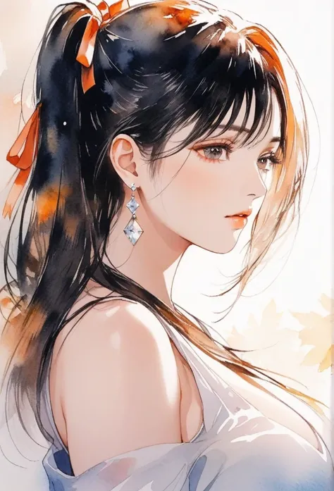 (8k, best quality, masterpiece:1.2),(best quality:1.0), (ultra highres:1.0), watercolor, a beautiful woman, shoulder, hair ribbons, by agnes cecile, half body portrait, extremely luminous bright design, pastel colors, (ink:1.3), autumn lights,big breasts, ...