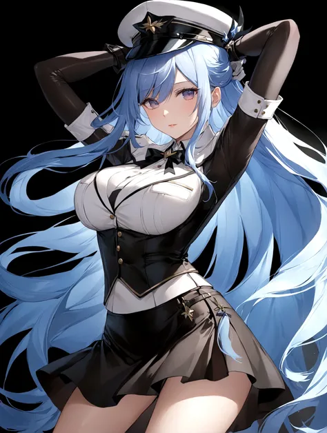 一个穿着水手服和hat的女人，Her hands on her head，Her arms behind her head，1 girl，black background，breast，Gloves，hat，Long hair，skirt，solo，thigh，Very long hair