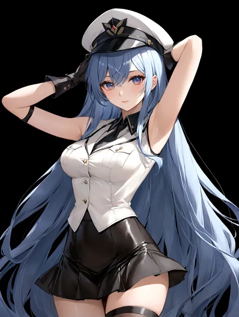 一个穿着水手服和hat的女人，Her hands on her head，Her arms behind her head，1 girl，black background，breast，Gloves，hat，Long hair，skirt，solo，thigh，Very long hair