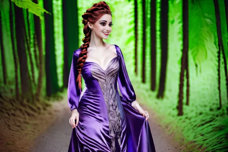 Fairytale Kingdom of Fantasia. In a magical forest, ((((15-year-old)) Xayide)), witch, tall, pale skin, very beautiful, ((evil subtle smirk expression)). ((((violet silk gown)))), ((red hair, in braids and buns)).