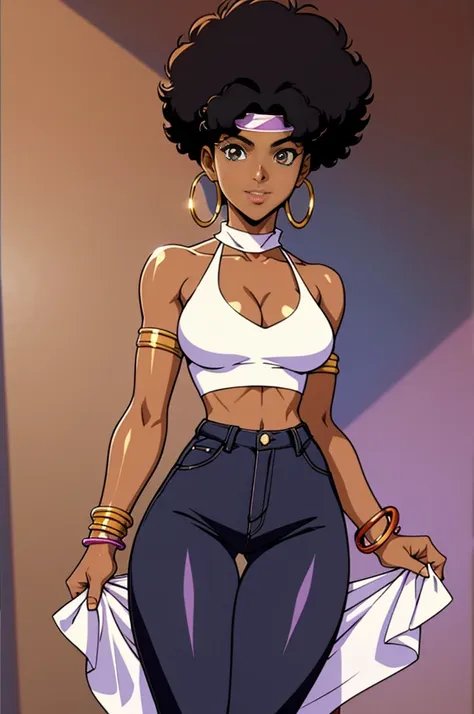 one woman, full body, black woman from an 90s anime, 90s anime fog, static like from an 90s anime, 1990s \(style\), short afro h...