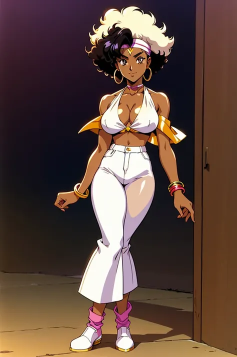 one woman, full body, black woman from an 90s anime, 90s anime fog, static like from an 90s anime, 1990s (style), short afro hair, black afro, curly black hair, serious smile, mouth closed, mysterious, brown skin, action anime, bandana headband, disco outf...