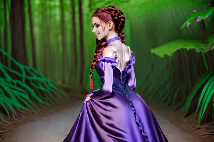 Fairytale Kingdom of Fantasia. In a magical forest, ((((15-year-old)) Xayide)), witch, tall, pale skin, very beautiful, ((evil subtle smirk expression)). ((((violet silk gown)))), ((red hair, in braids and buns)).