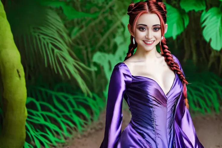 Fairytale Kingdom of Fantasia. In a magical forest, ((((15-year-old)) Xayide)), witch, tall, pale skin, very beautiful, ((evil subtle smirk expression)). ((((violet silk gown)))), ((red hair, in braids and buns)).