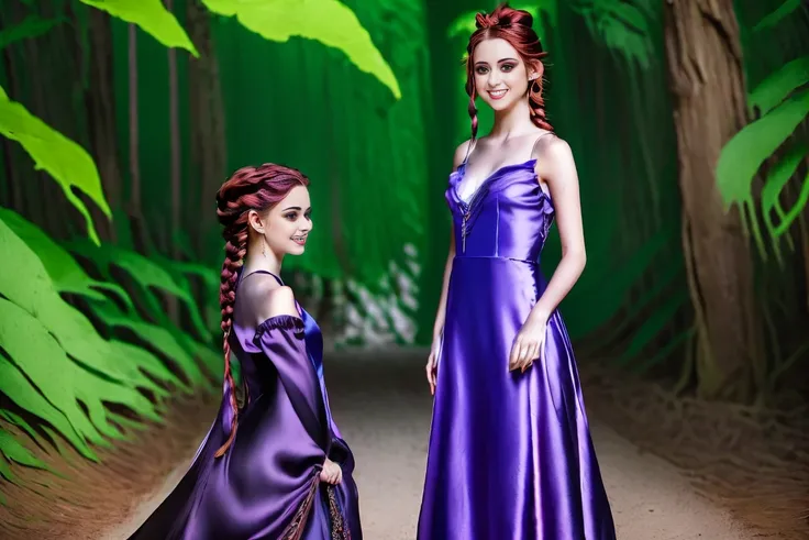 Fairytale Kingdom of Fantasia. In a magical forest, ((((15-year-old)) Xayide)), witch, tall, pale skin, very beautiful, ((evil subtle smirk expression)). ((((violet silk gown)))), ((red hair, in braids and buns)).